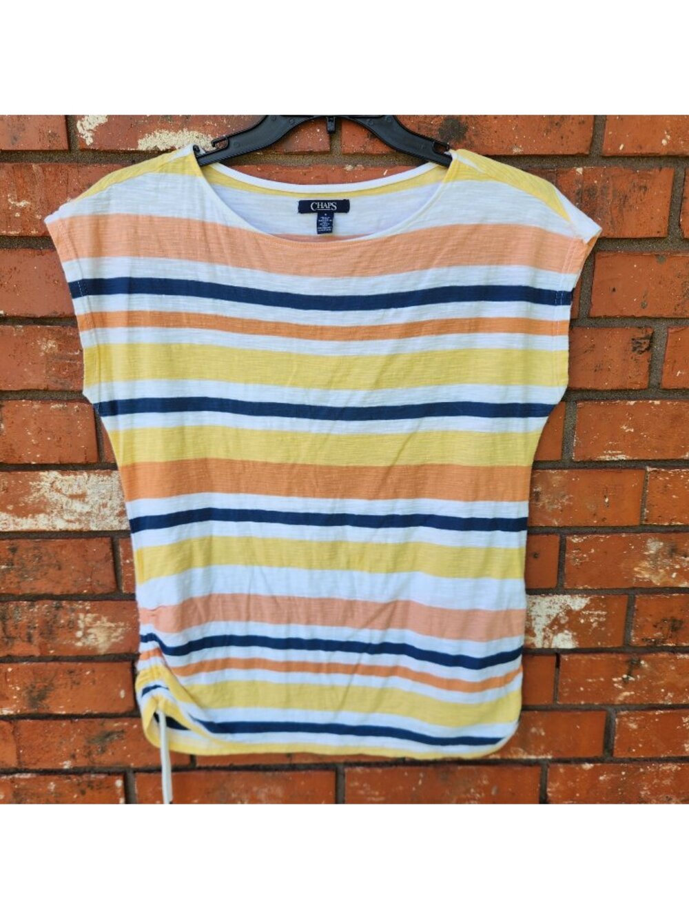 Chaps Women's Striped Short Sleeve Top with Side Drawstring Detail Size M